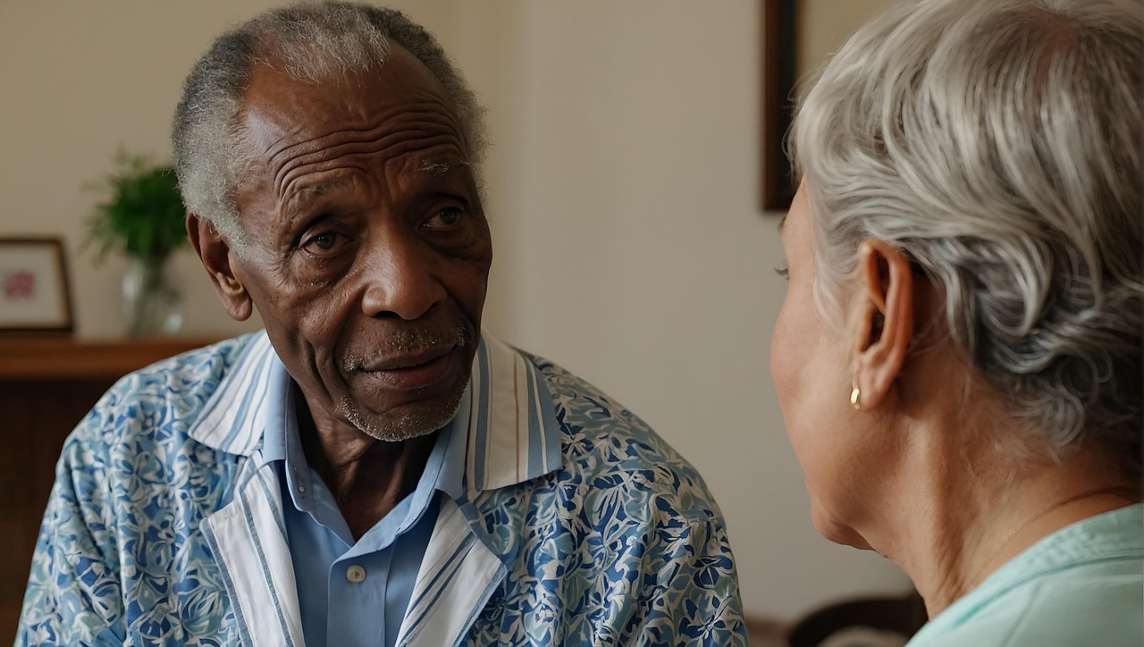 Elderly African and Caucasion couple talking.